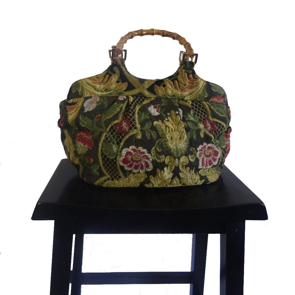 Talbots Floral Multi Color Tapestry Purse Wooden Handle